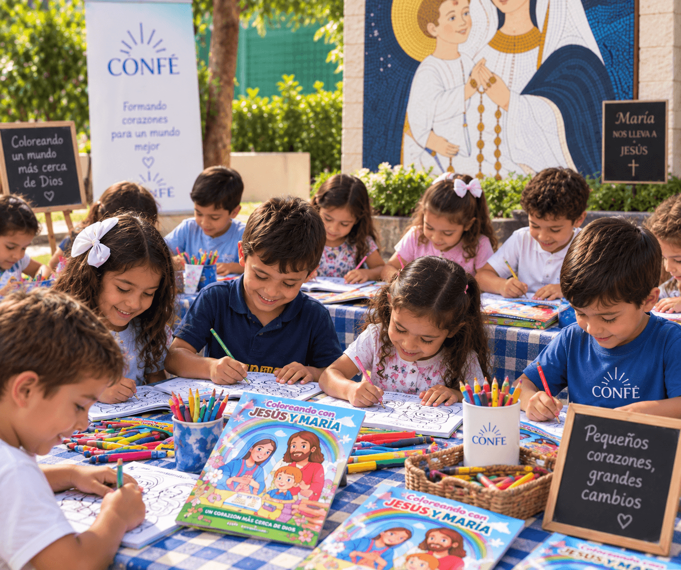Niños coloreando el libro en un taller de Confé